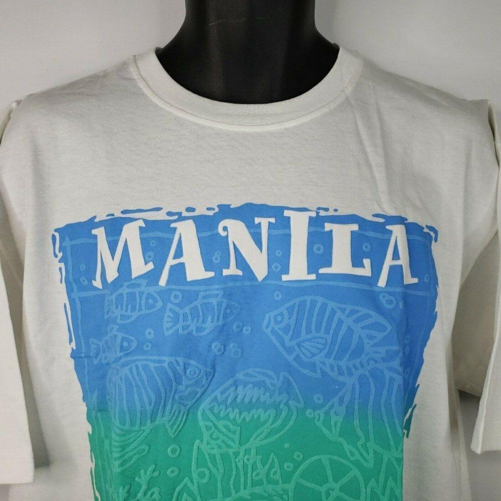 Vintage 90s Manila T-Shirt Mens XL White Neon Fish Tourist Puffy Paint Deadstock